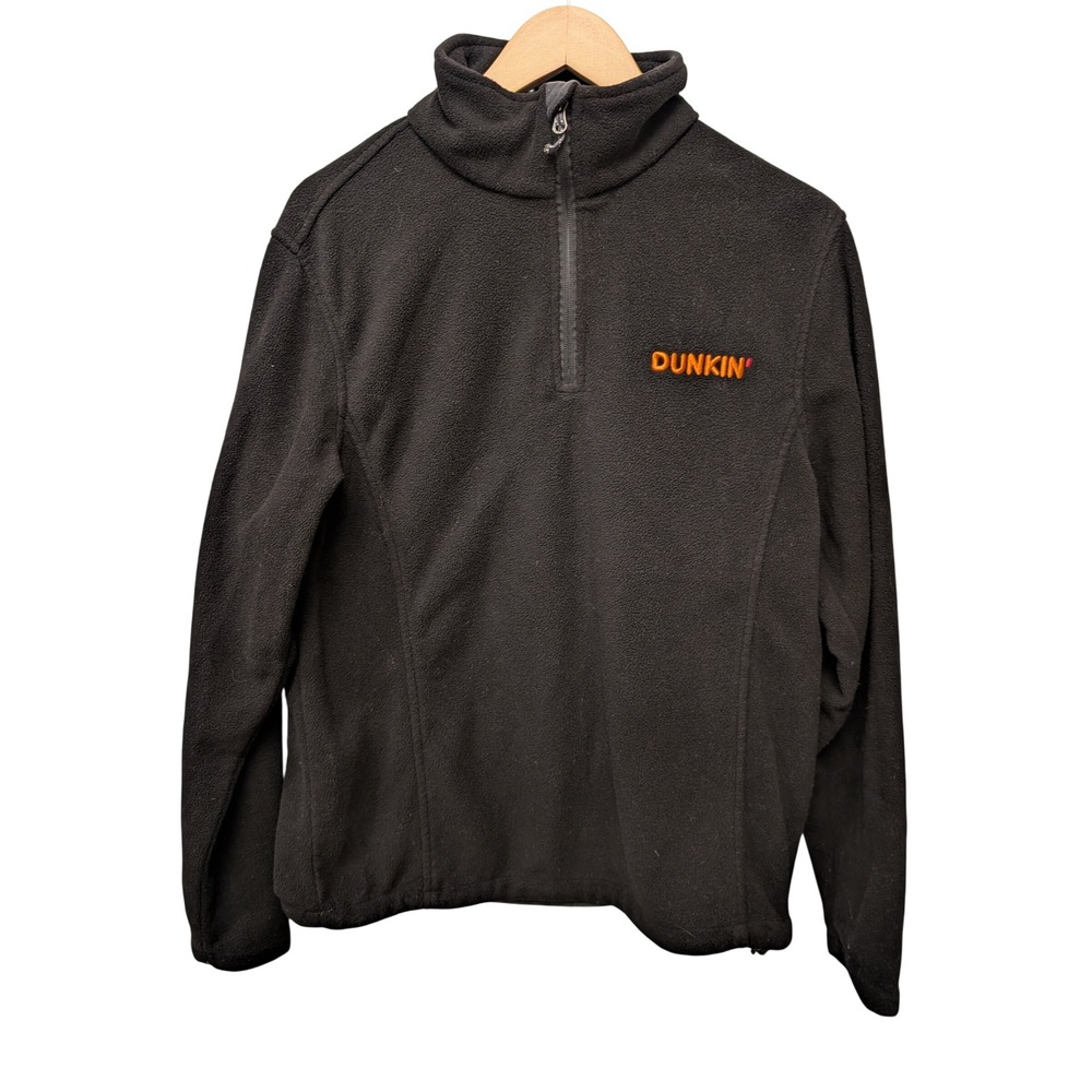 Dunkin Donuts Black 1/4 Quarter‎ Zip Fleece Pullover Sweater Adjustable Coffee